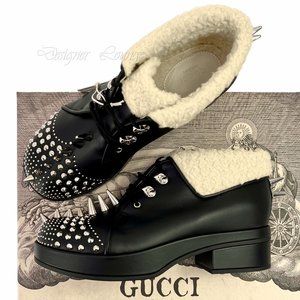 NEW GUCCI Black Leather HARLEM Spike Faux Fur Ankle Boots EU 39 / US 9 $1,250